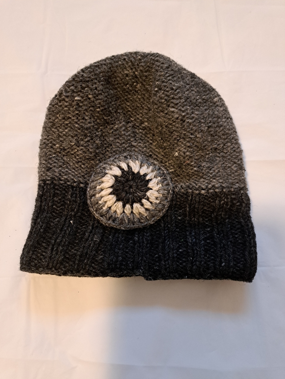 Handmade Two-Tone Knit Beanie with Crocheted Patch